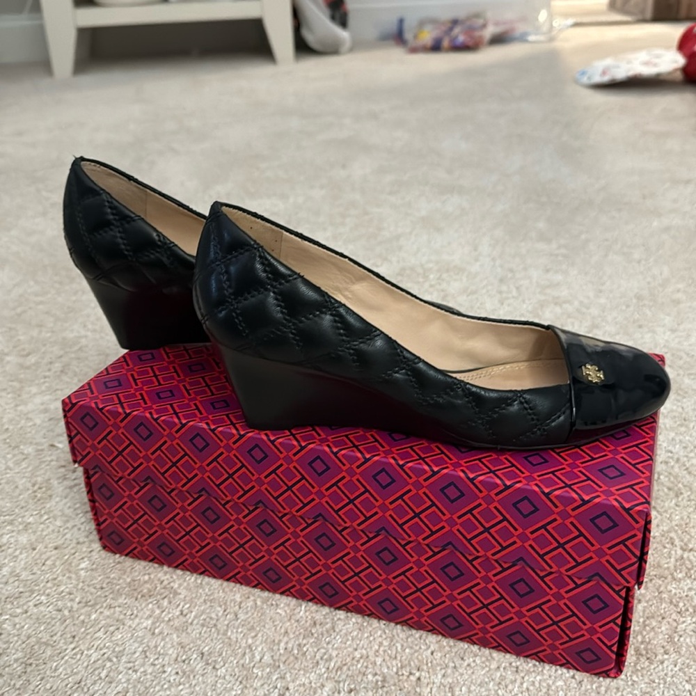 Tory Burch Black Quilted Wedges